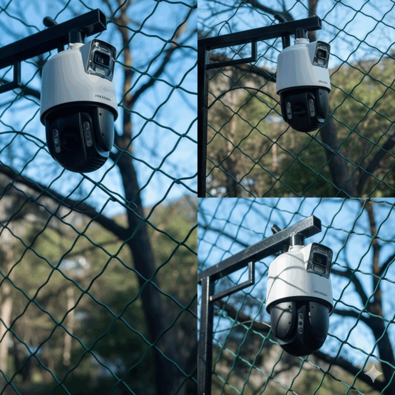Hikvision outdoor surveillance camera installed on a fence in a Colorado property